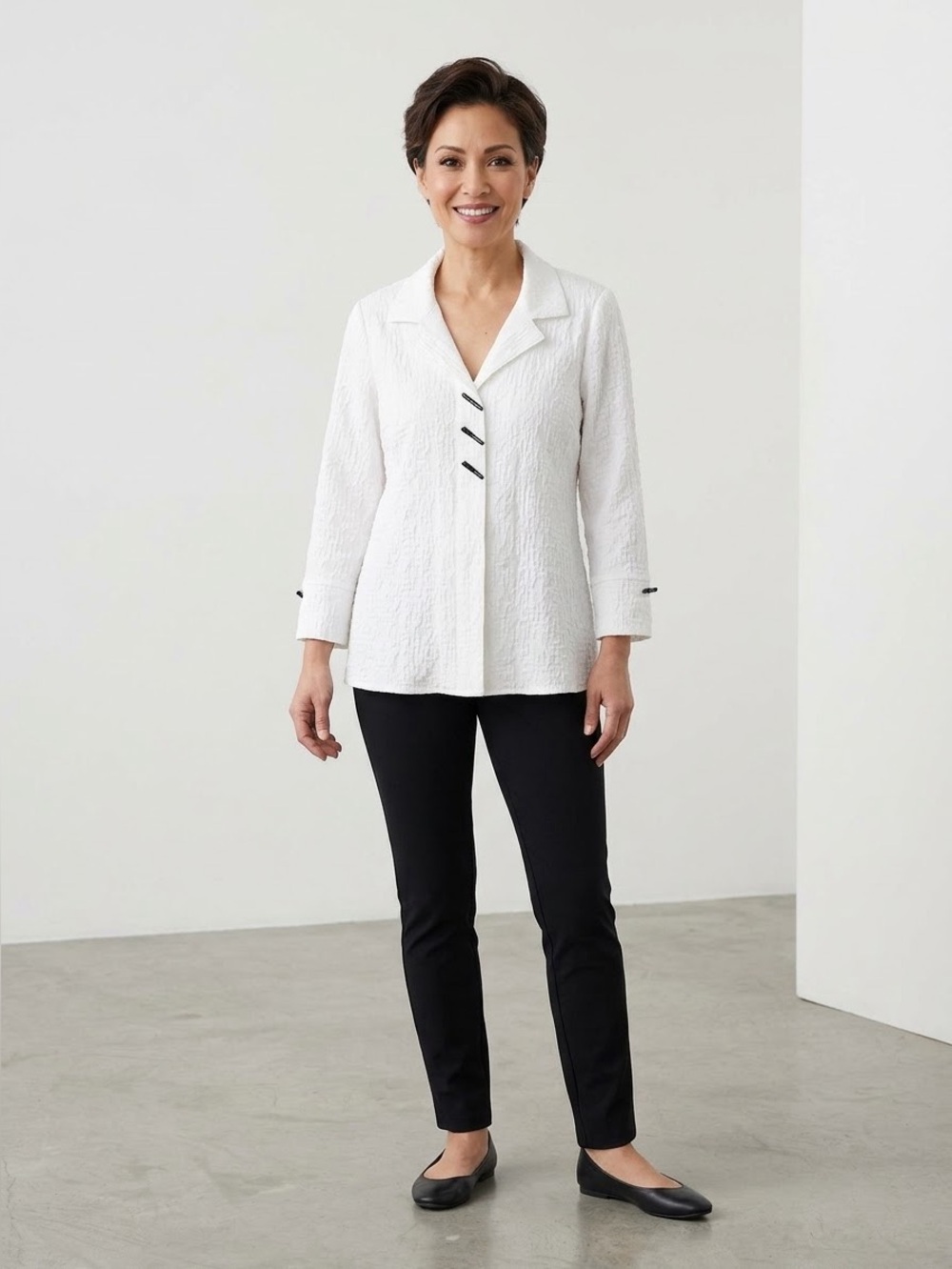 Classic White Textured top with Contrast buttons